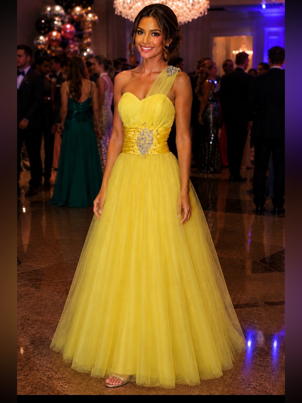 Narianna Neon Yellow One Shoulder Bejeweled Tulle Formal Dress NWOT L *Flaw*